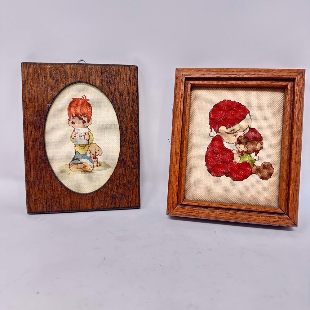 Vintage Precious Moments Framed Cross Stitch Set Boy Teddy Bear Report Card
